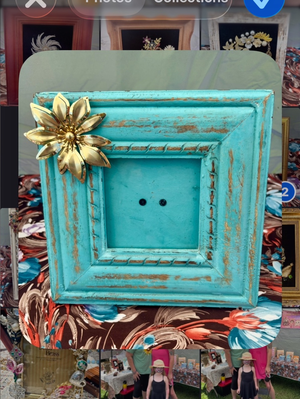 Turquoise Distressed Wood Frame with Gold Flower Accent - Home Accents